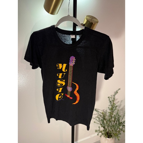 Other - vintage music guitar Tee Black Small‎ USA unique faded flute graphic wierd t